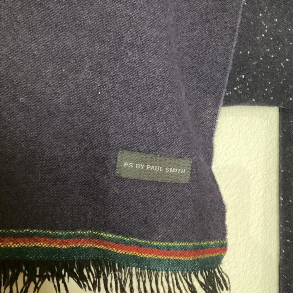 PS by Paul Smith Mens Navy Blue Speckled Wool Scarf Italy Fringe Multi Stripe